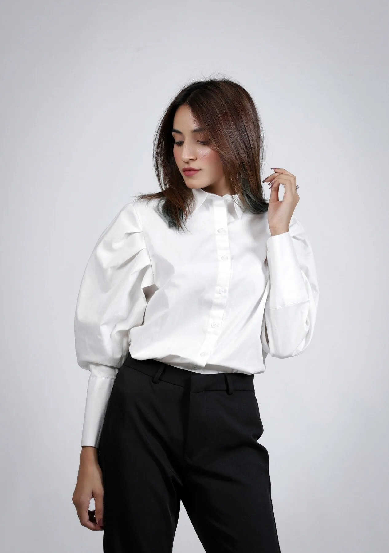 Pleated Sleeve Poplin Shirt - White