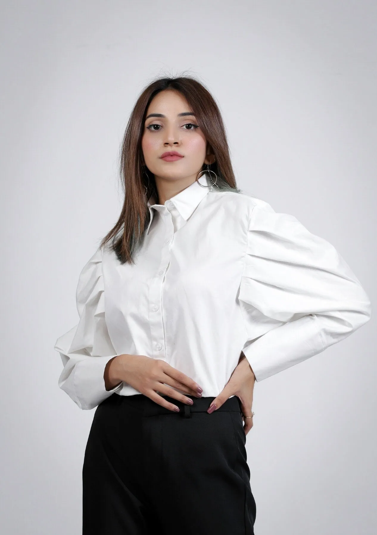 Pleated Sleeve Poplin Shirt - White