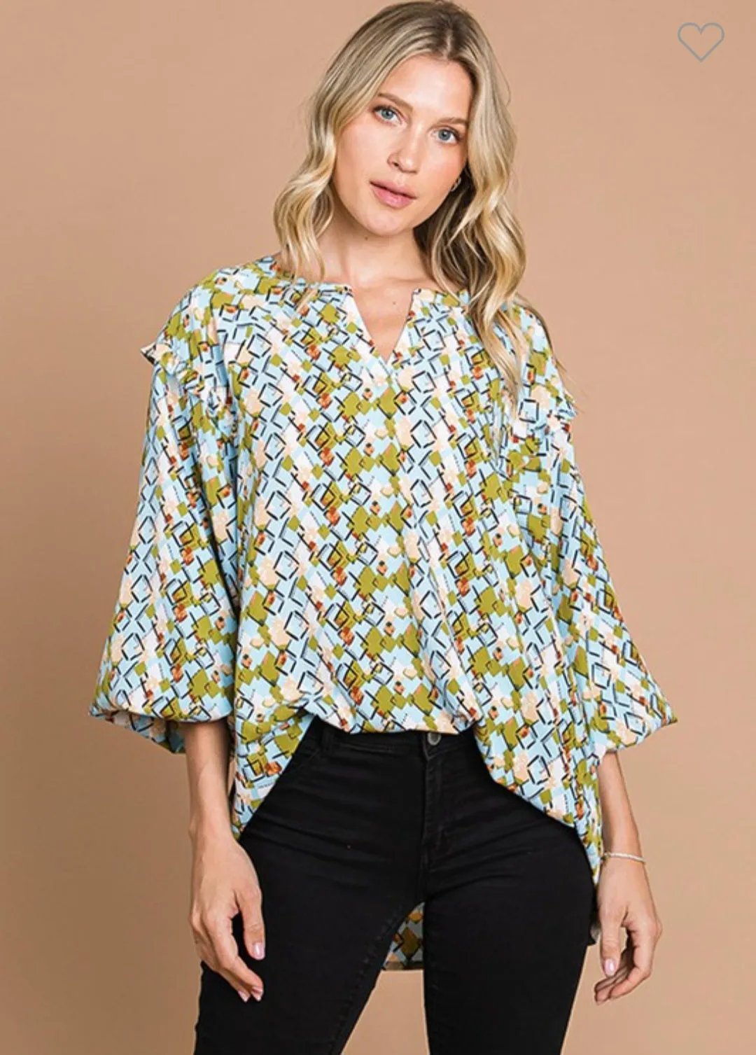Plus Size Blue Combo Ruffled Accent Top