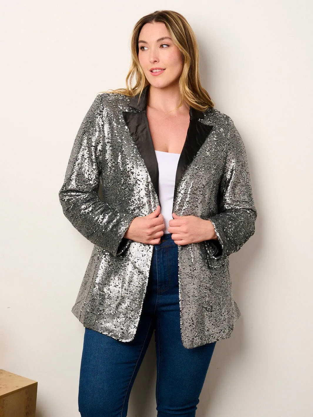 PLUS SIZE LONG SLEEVE BUTTON CLOSURE POCKETS SEQUINS JACKET