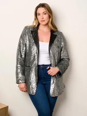 PLUS SIZE LONG SLEEVE BUTTON CLOSURE POCKETS SEQUINS JACKET