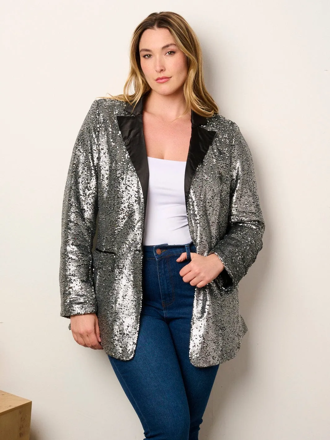 PLUS SIZE LONG SLEEVE BUTTON CLOSURE POCKETS SEQUINS JACKET