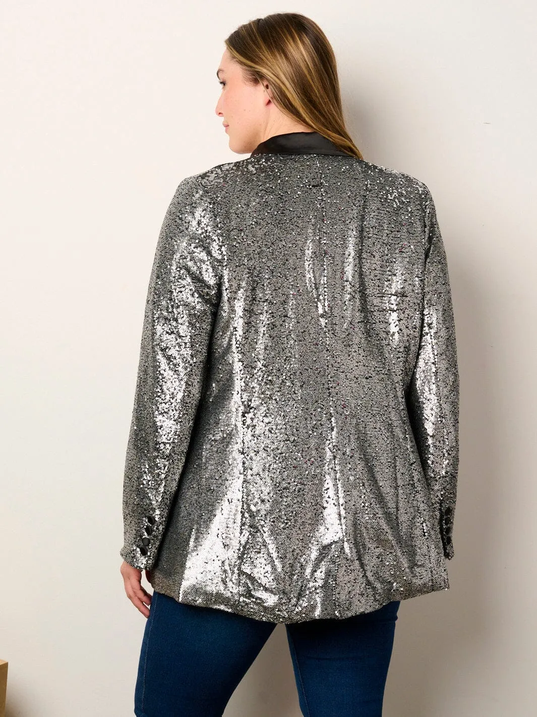 PLUS SIZE LONG SLEEVE BUTTON CLOSURE POCKETS SEQUINS JACKET