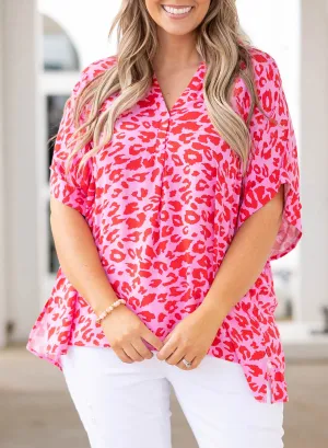 Plus Size Printed Notched Neck Half Sleeve Top