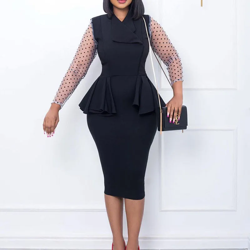 Polka Dot Print Sheer Mesh Patchwork Ruffle Design Midi Dress