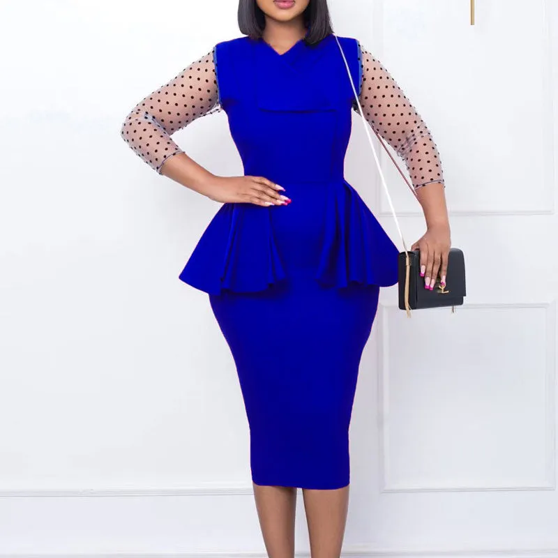Polka Dot Print Sheer Mesh Patchwork Ruffle Design Midi Dress