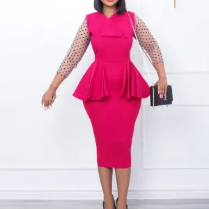 Polka Dot Print Sheer Mesh Patchwork Ruffle Design Midi Dress