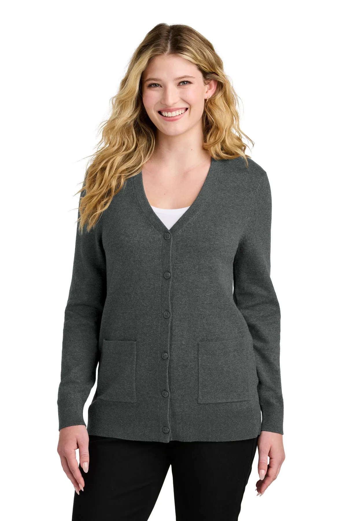 Port Authority Women's Easy Care Button-Up Cardigan Sweater LSW4150 Charcoal Heather
