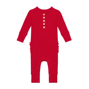 Posh Peanut Crimson Ribbed Long Sleeve Henley Ruffled Romper