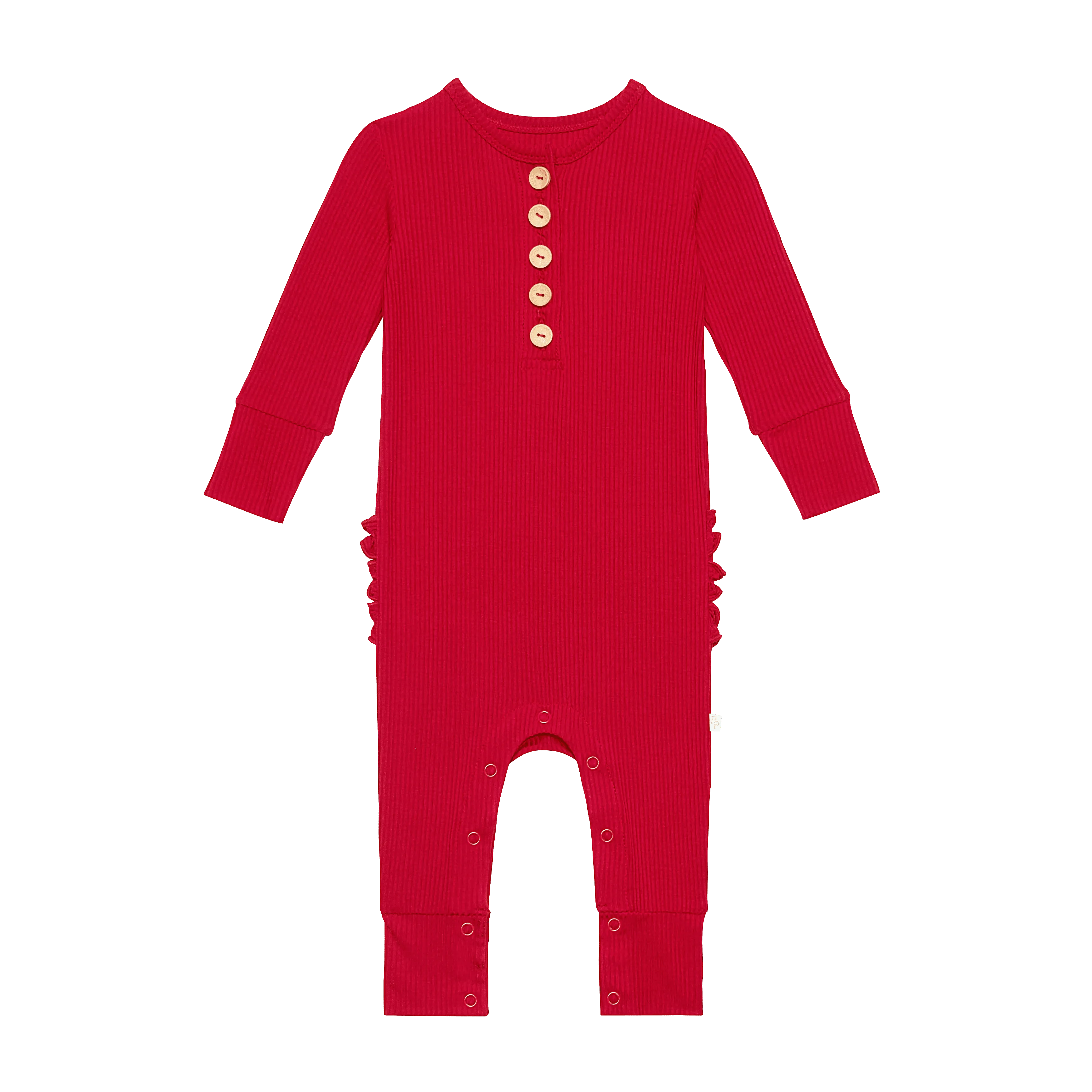 Posh Peanut Crimson Ribbed Long Sleeve Henley Ruffled Romper