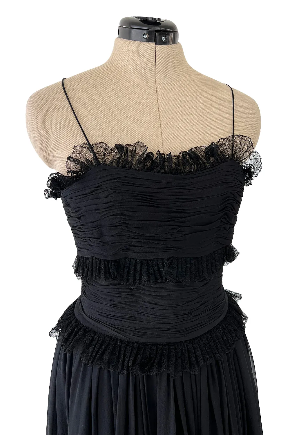 Prettiest 1992 Chanel by Karl Lagerfeld Black Silk Chiffon Dress w Black Lace Detailing