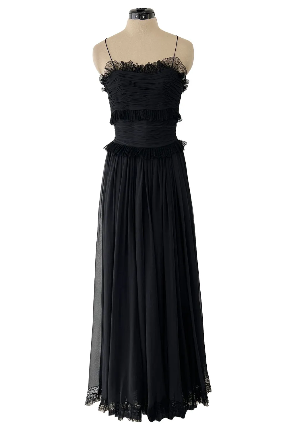 Prettiest 1992 Chanel by Karl Lagerfeld Black Silk Chiffon Dress w Black Lace Detailing