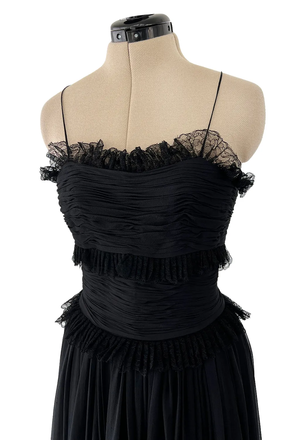 Prettiest 1992 Chanel by Karl Lagerfeld Black Silk Chiffon Dress w Black Lace Detailing
