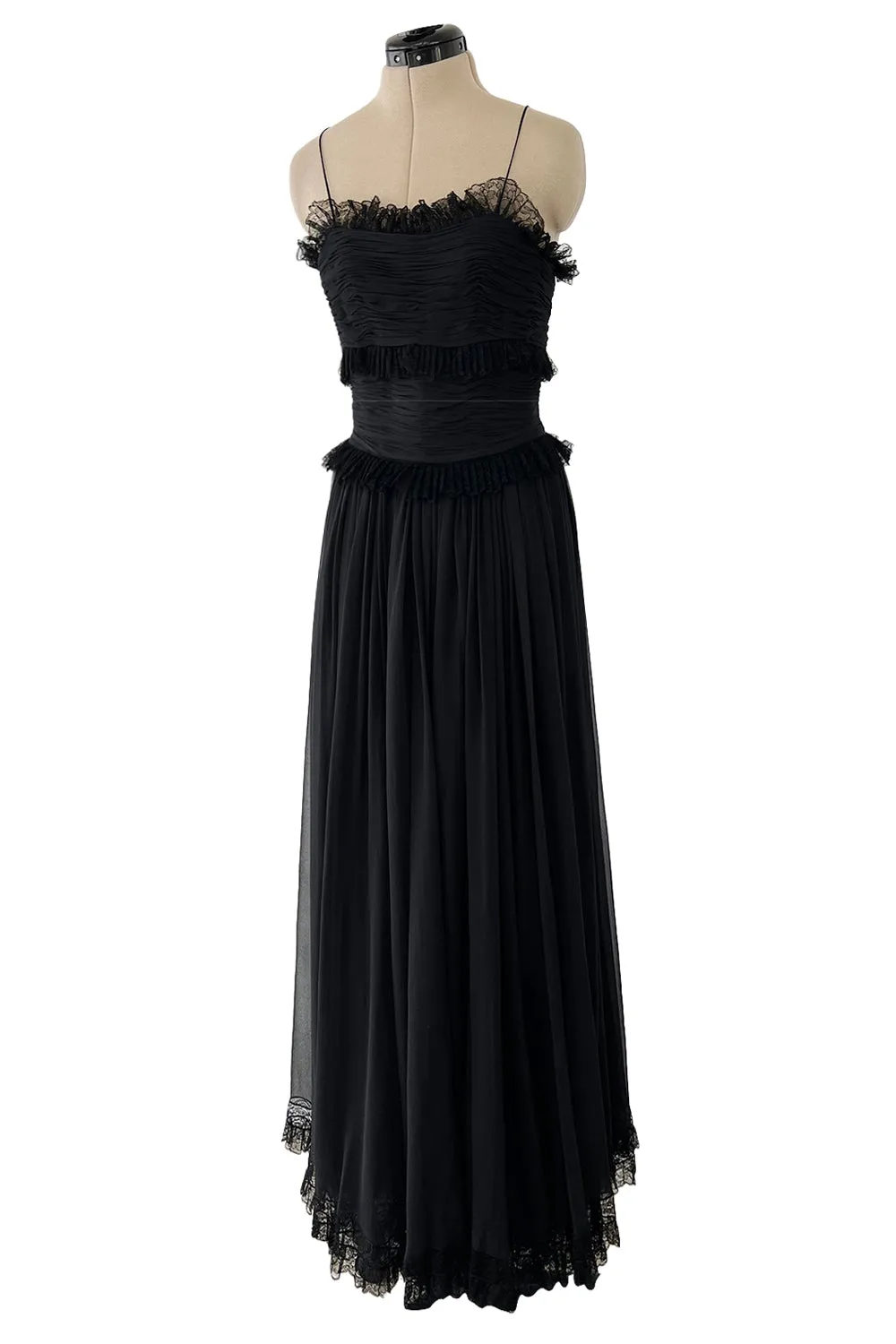 Prettiest 1992 Chanel by Karl Lagerfeld Black Silk Chiffon Dress w Black Lace Detailing