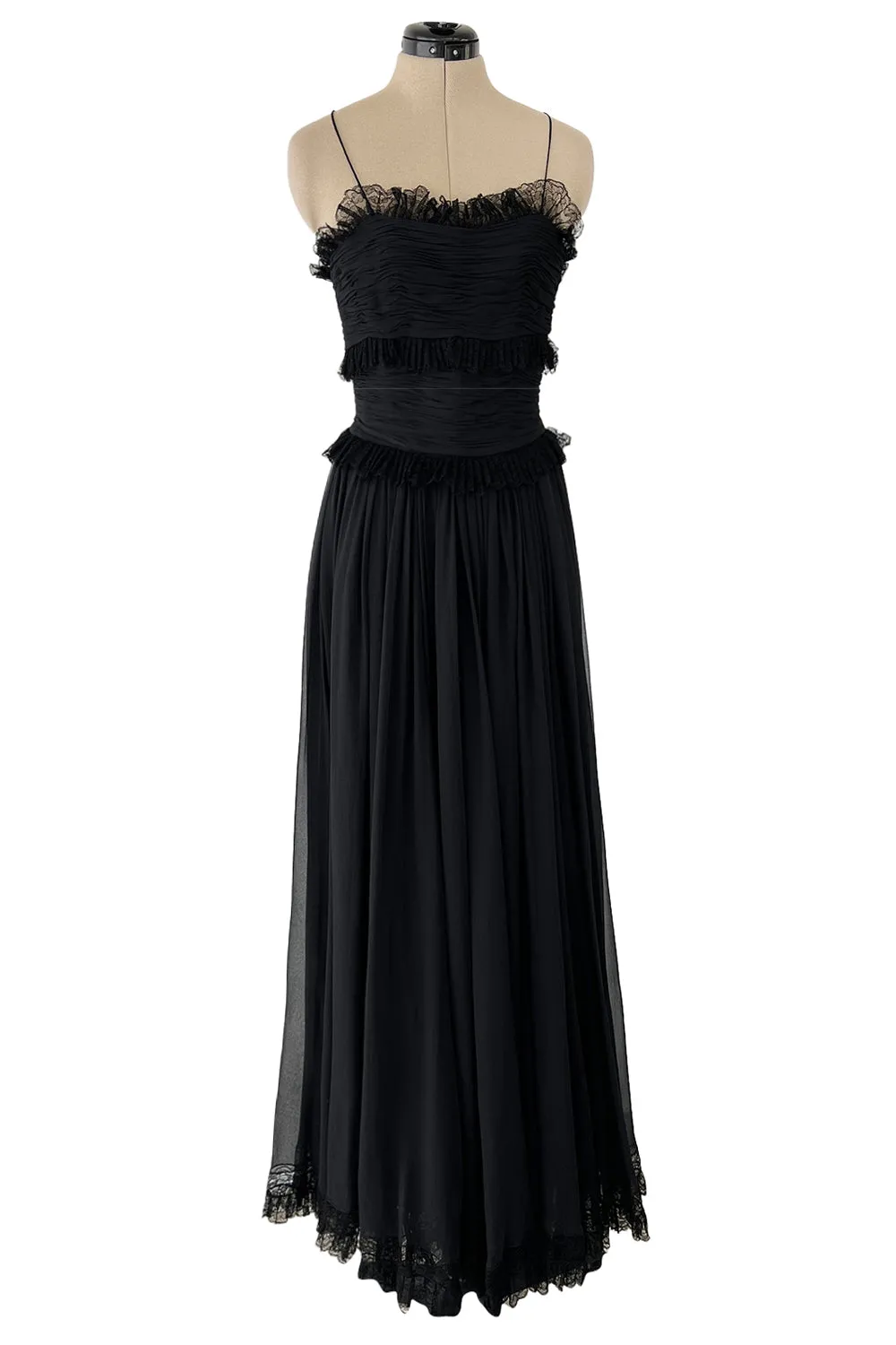 Prettiest 1992 Chanel by Karl Lagerfeld Black Silk Chiffon Dress w Black Lace Detailing