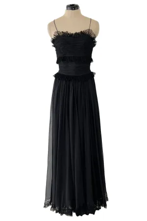 Prettiest 1992 Chanel by Karl Lagerfeld Black Silk Chiffon Dress w Black Lace Detailing