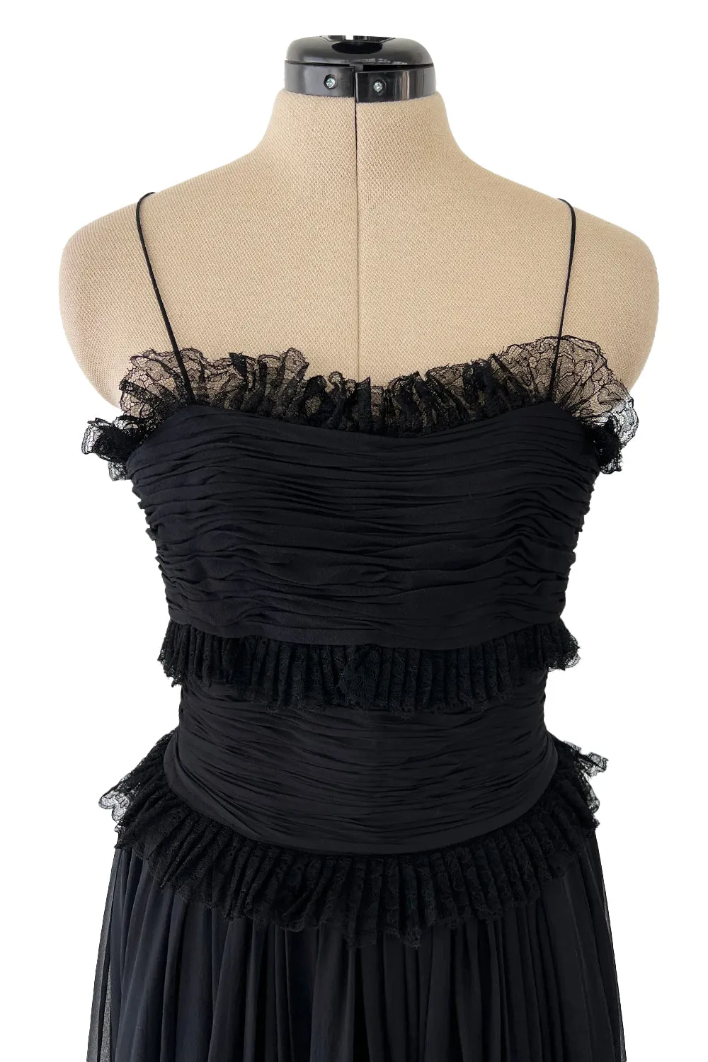 Prettiest 1992 Chanel by Karl Lagerfeld Black Silk Chiffon Dress w Black Lace Detailing