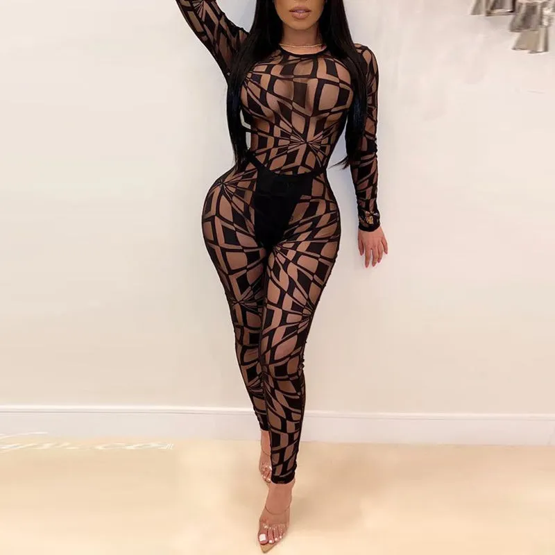 Print Sheer Mesh Patchwork Jumpsuit