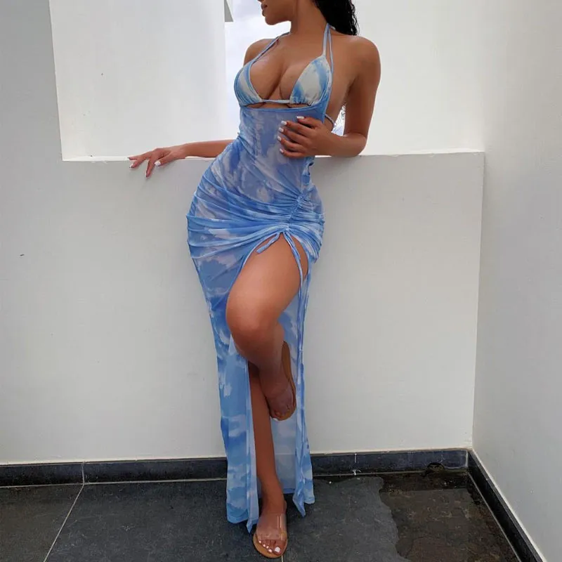 Print Sleeveless Sheer Mesh 3PCS Swimsuit Set