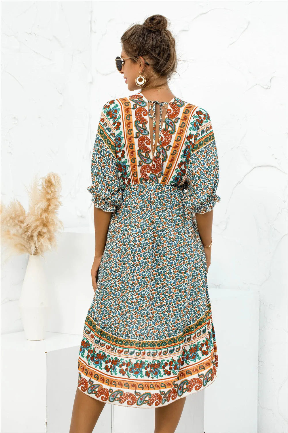 Printed Bohemian V Neck Dress