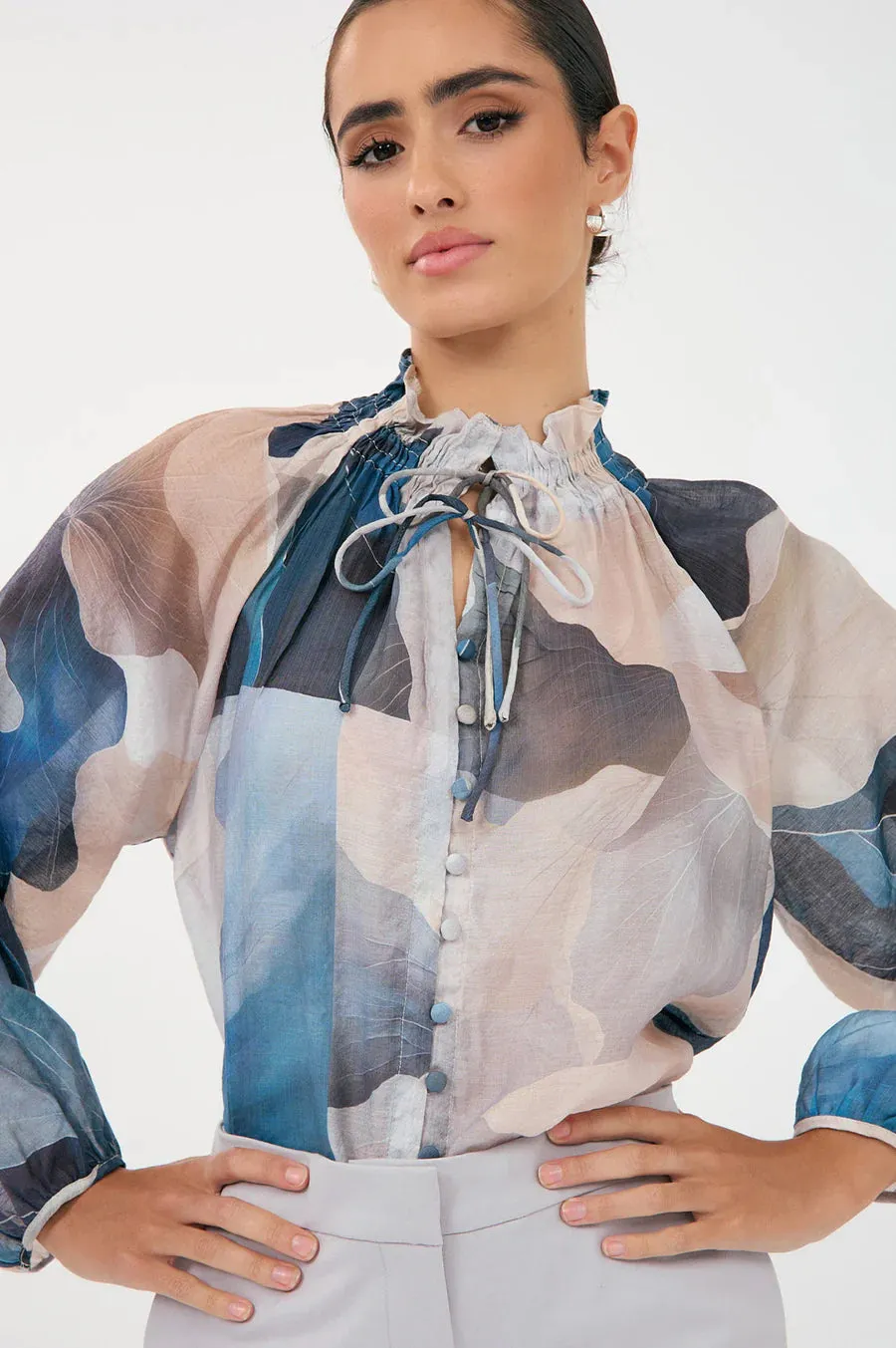 Printed Long Sleeve Sheer Frill Blouse
