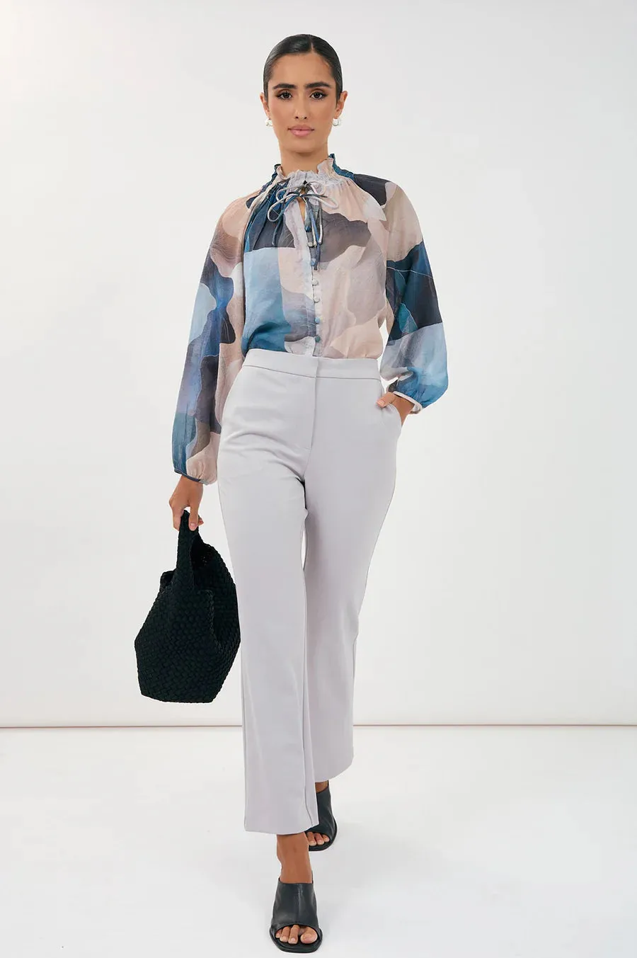 Printed Long Sleeve Sheer Frill Blouse