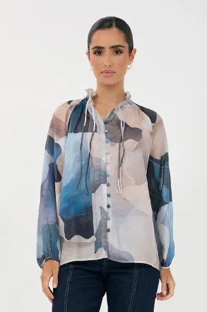 Printed Long Sleeve Sheer Frill Blouse