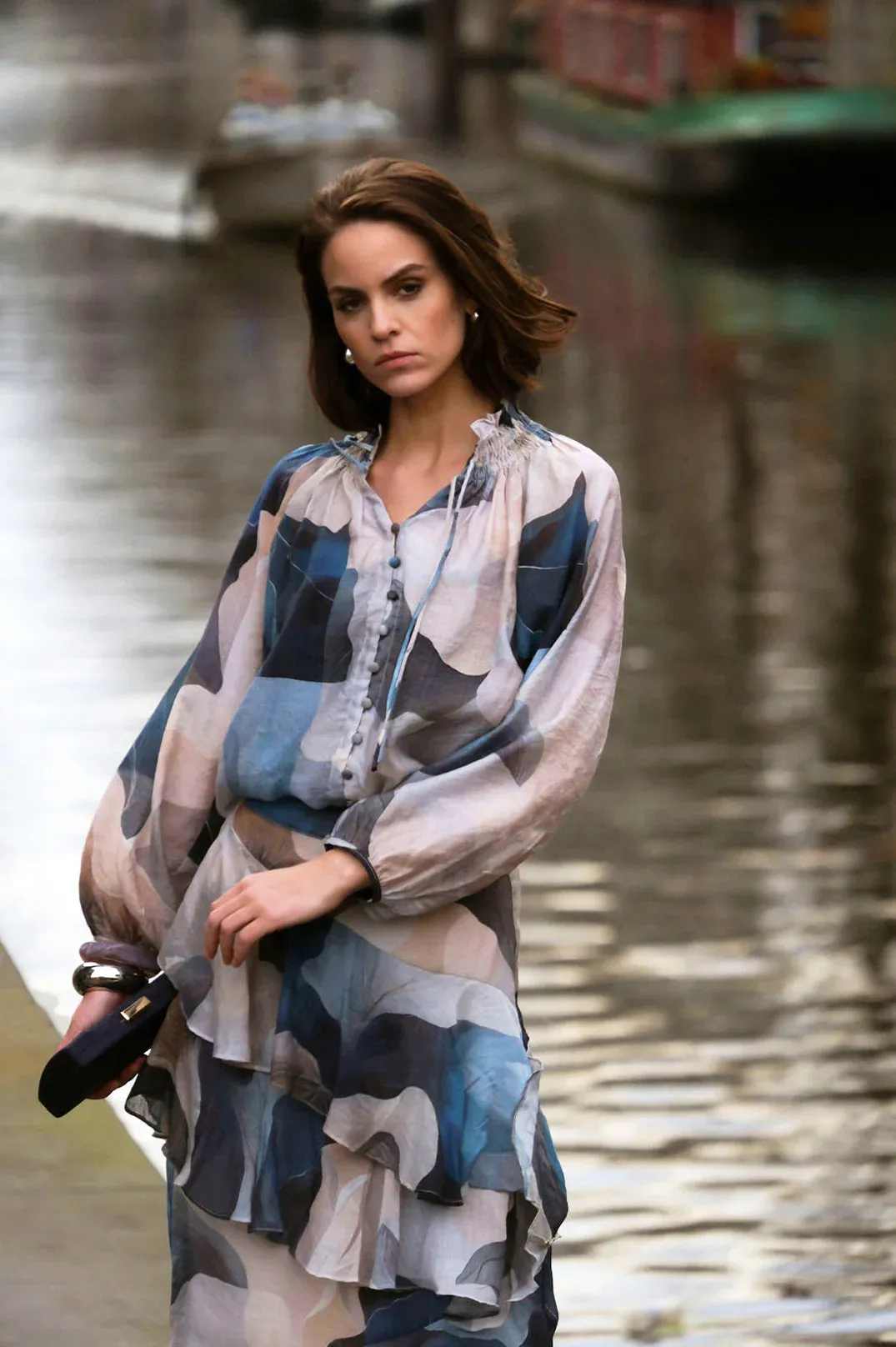 Printed Long Sleeve Sheer Frill Blouse