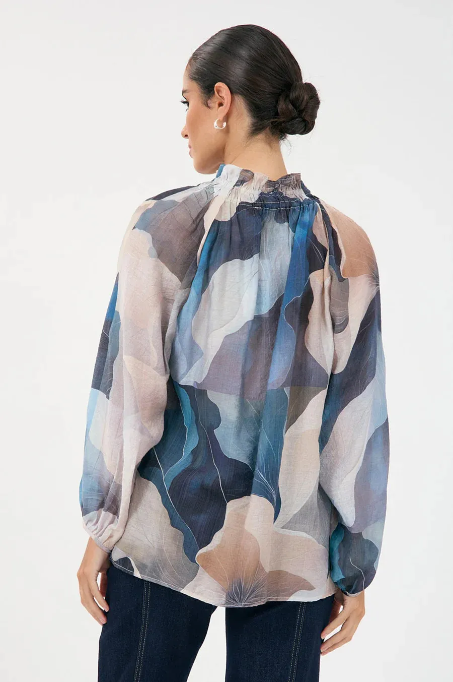 Printed Long Sleeve Sheer Frill Blouse