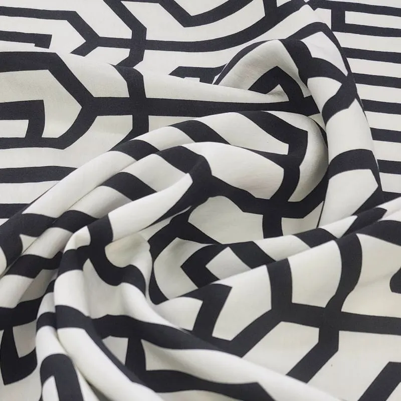 Printed Nylon Rayon Fabric Black/Cream 150cm