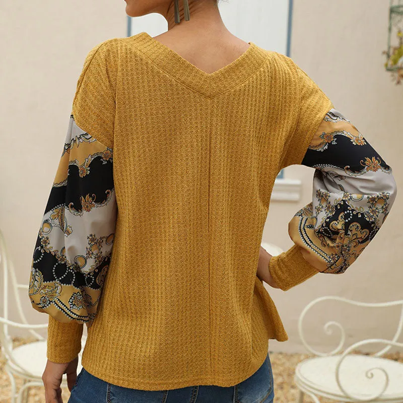 Printed Patchwork Lantern Long-sleeved V-neck Waffle Top
