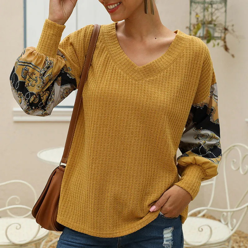 Printed Patchwork Lantern Long-sleeved V-neck Waffle Top