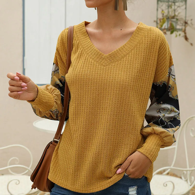 Printed Patchwork Lantern Long-sleeved V-neck Waffle Top