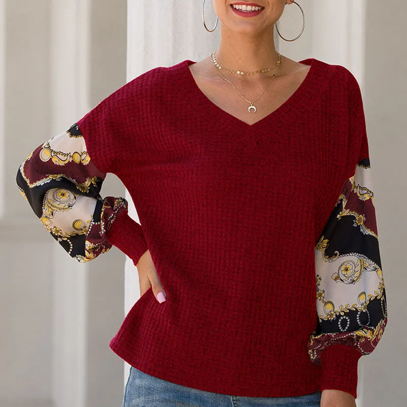 Printed Patchwork Lantern Long-sleeved V-neck Waffle Top