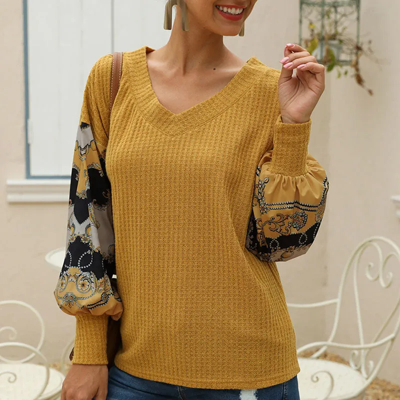 Printed Patchwork Lantern Long-sleeved V-neck Waffle Top