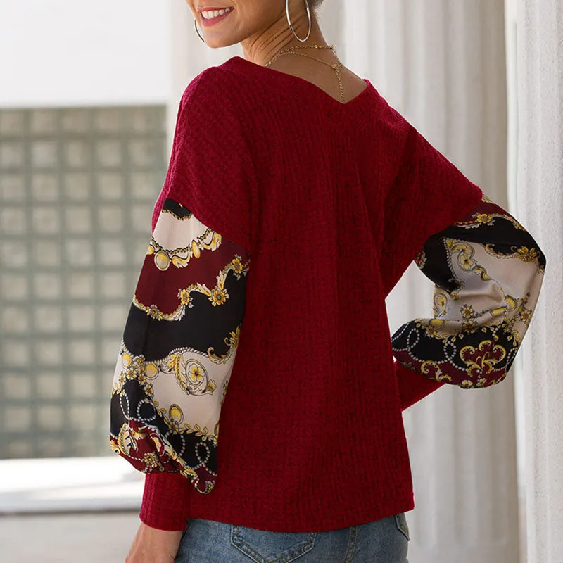 Printed Patchwork Lantern Long-sleeved V-neck Waffle Top