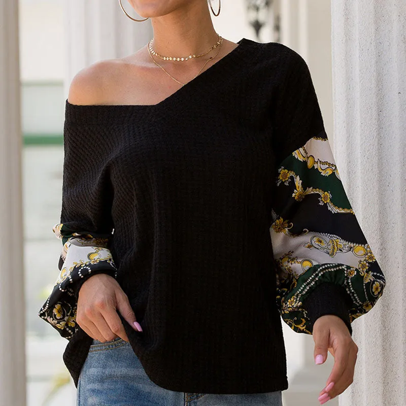 Printed Patchwork Lantern Long-sleeved V-neck Waffle Top