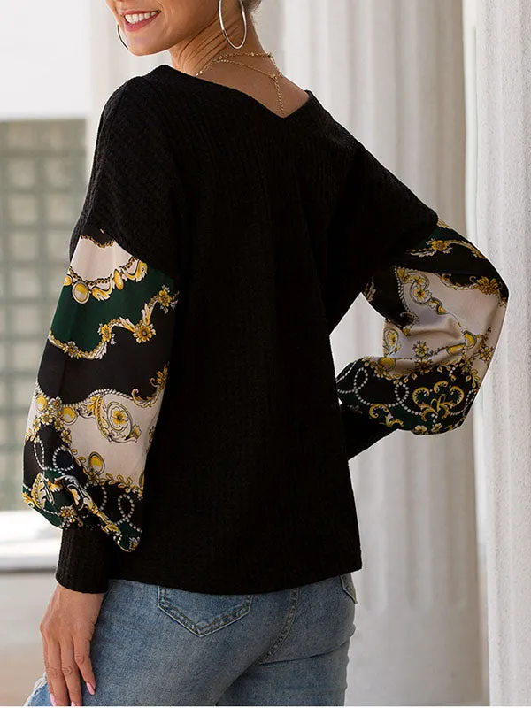 Printed Patchwork Lantern Long-sleeved V-neck Waffle Top
