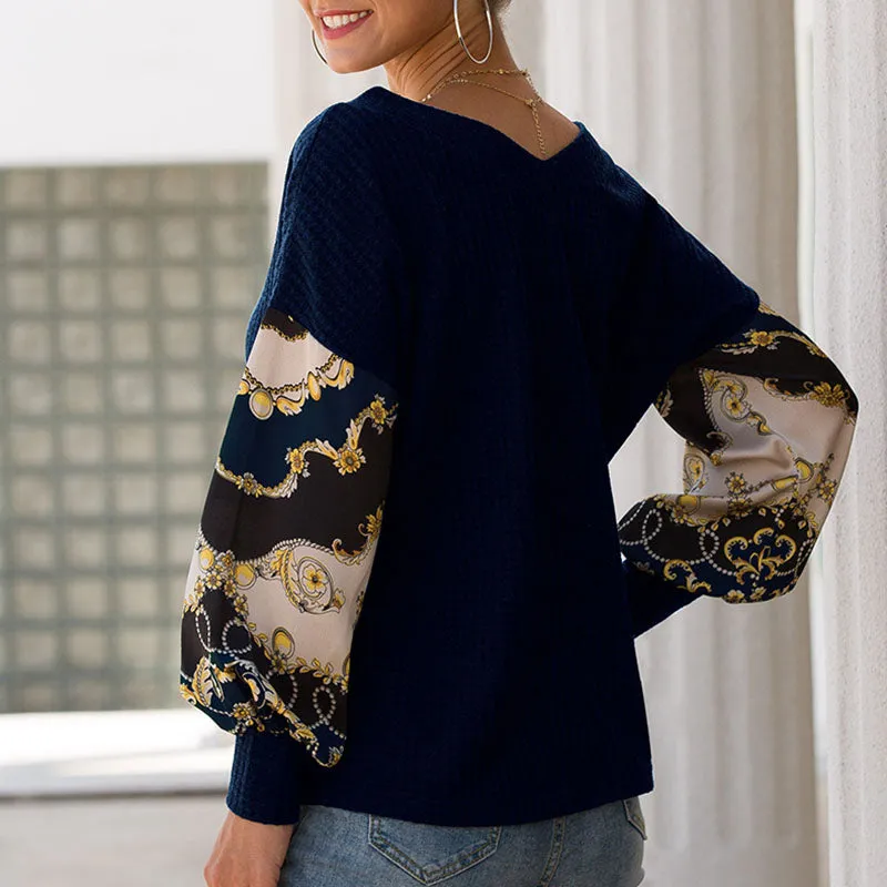 Printed Patchwork Lantern Long-sleeved V-neck Waffle Top