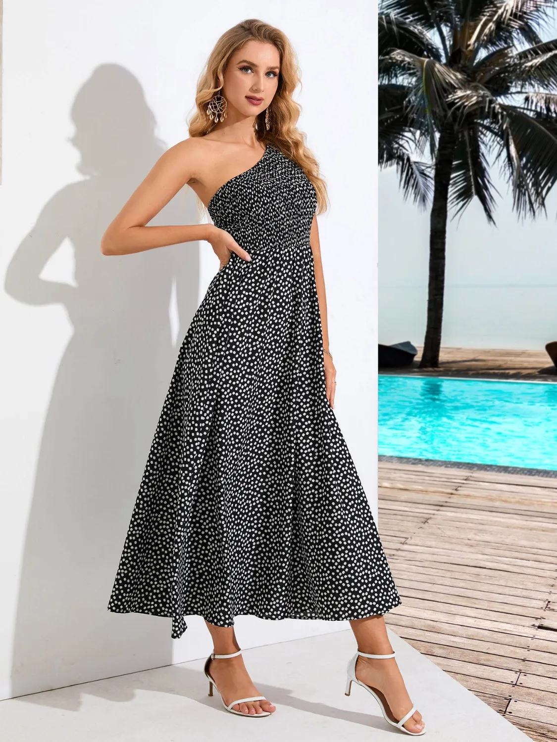 Printed Single Shoulder Midi Dress