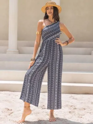 Printed Single Shoulder Sleeveless Jumpsuit