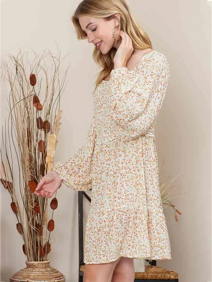 Printed Square Neck Long Sleeve Smocked Dress