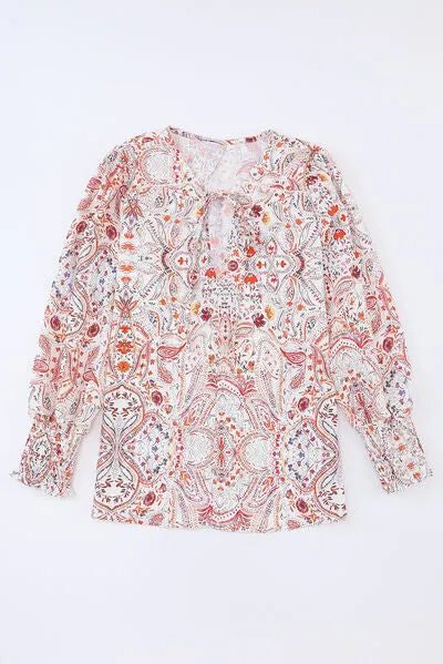 Printed Tie Neck Long Sleeve Blouse