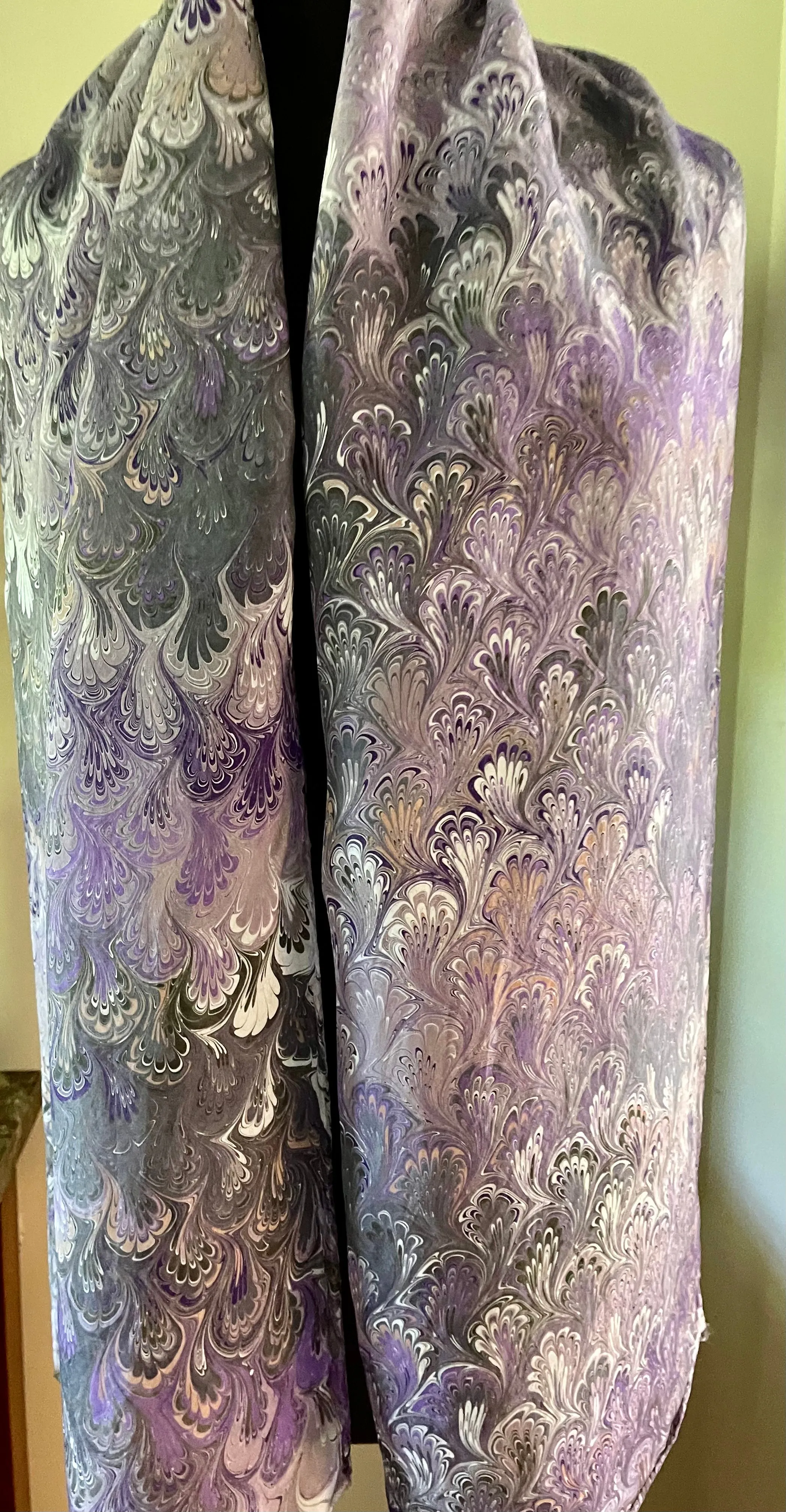 Purple bouquet  water marbled 8mm Habotai silk.  Hang on the wall, use as a table runner or wear this unique piece