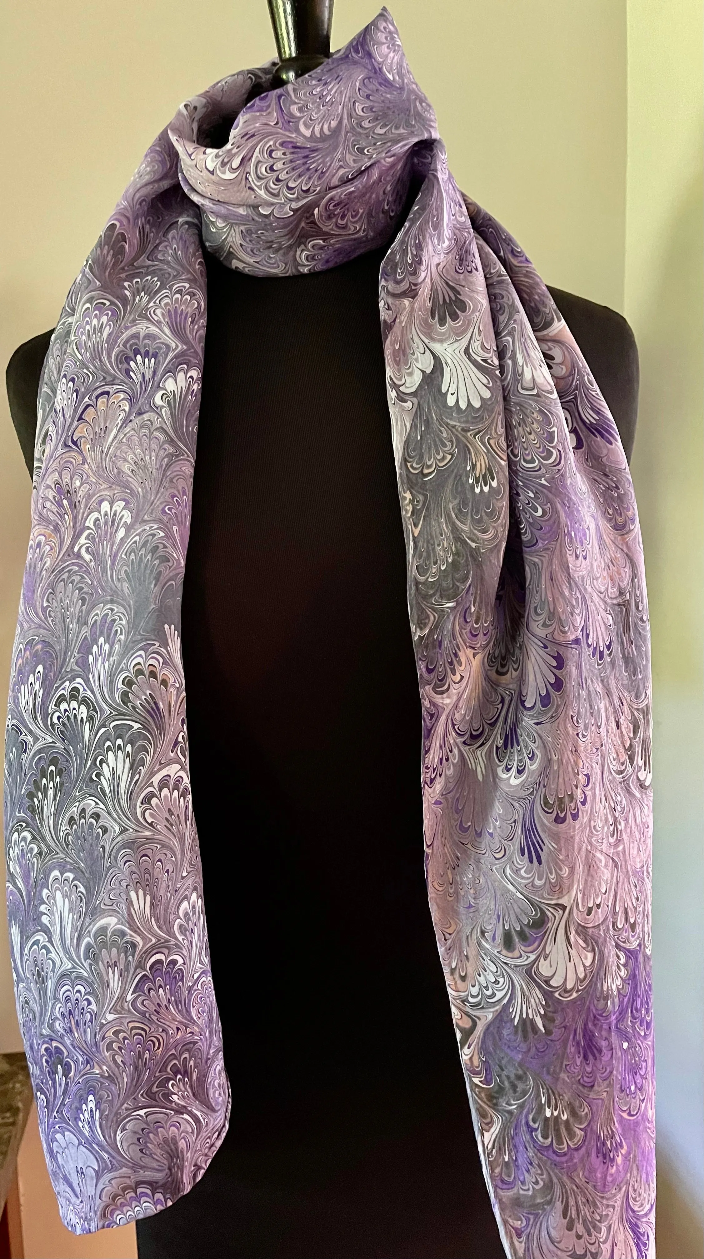 Purple bouquet  water marbled 8mm Habotai silk.  Hang on the wall, use as a table runner or wear this unique piece