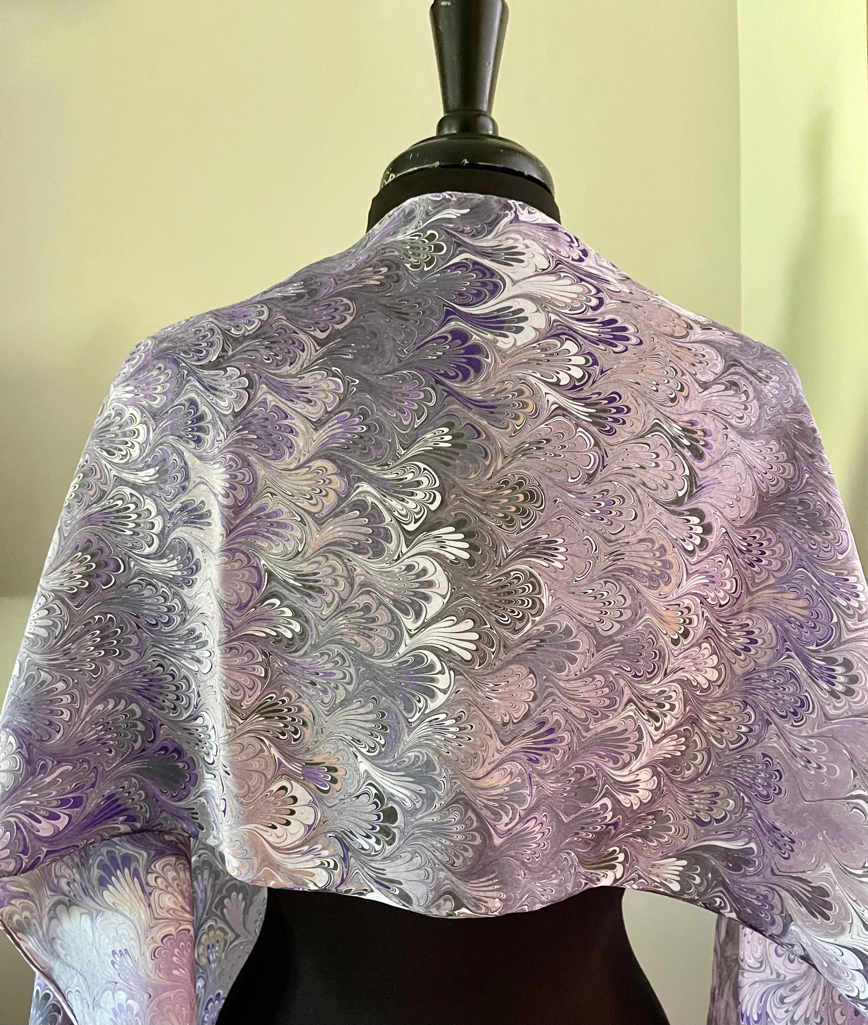 Purple bouquet  water marbled 8mm Habotai silk.  Hang on the wall, use as a table runner or wear this unique piece