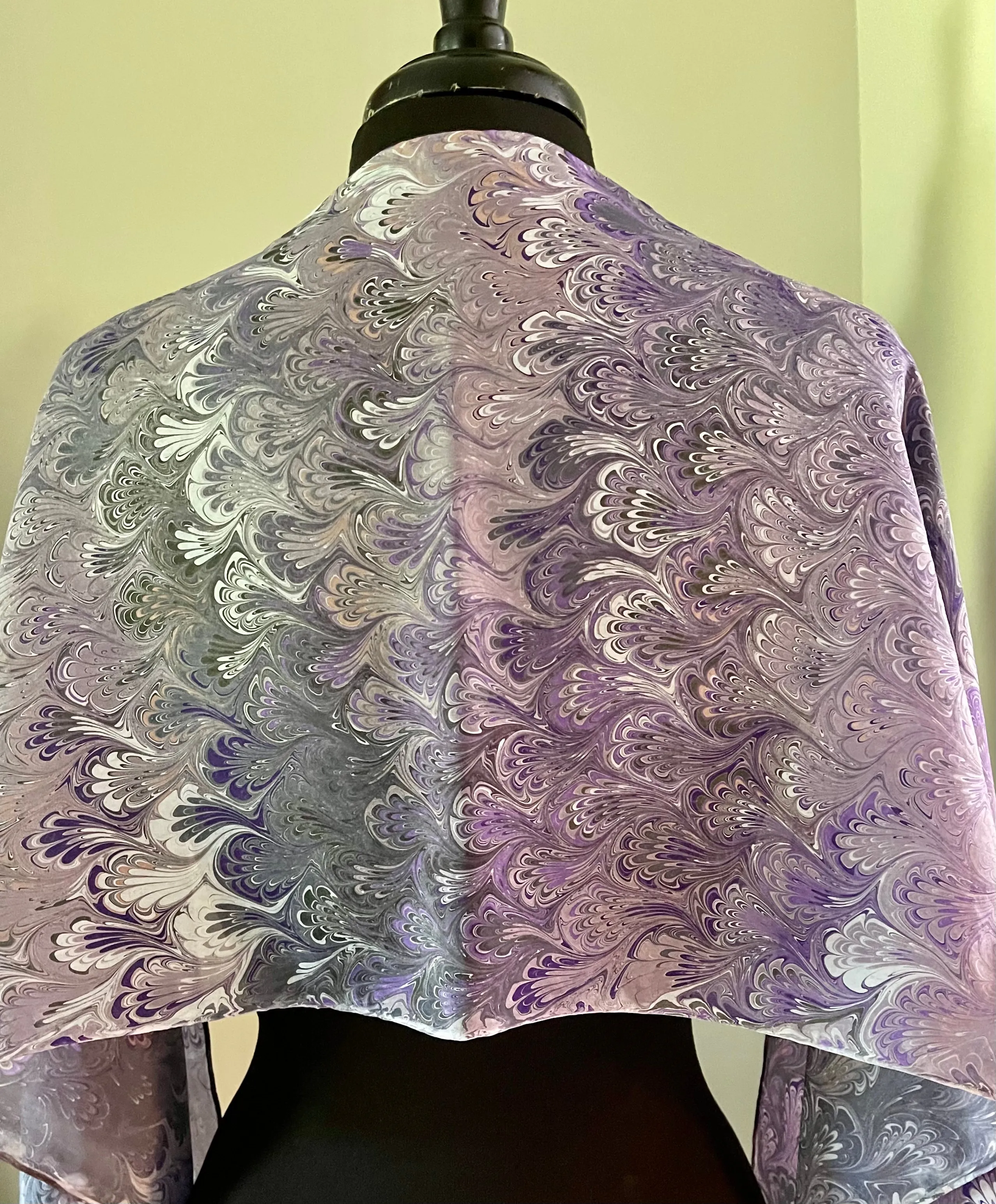 Purple bouquet  water marbled 8mm Habotai silk.  Hang on the wall, use as a table runner or wear this unique piece