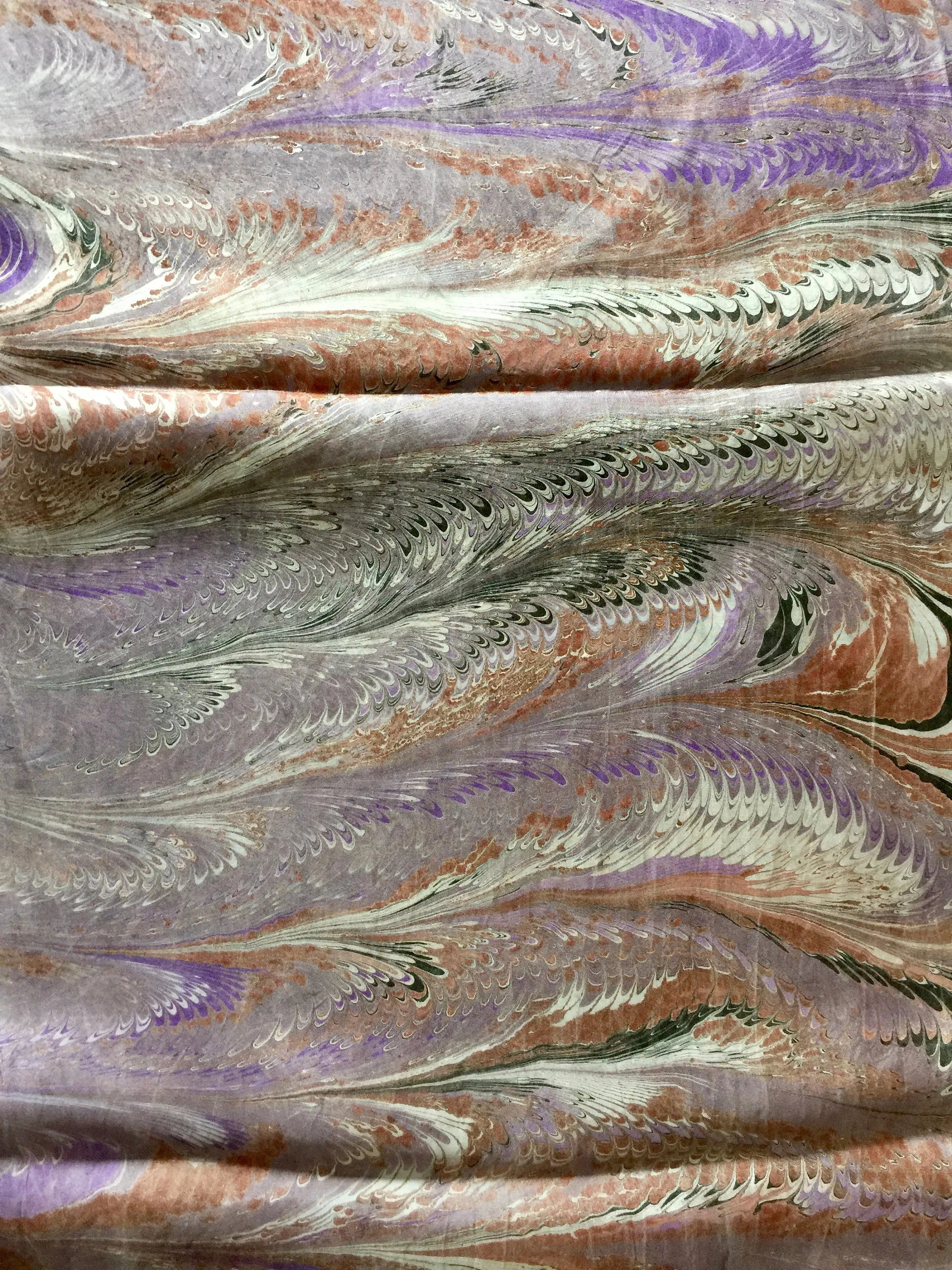 Purple brown black and white Combed Swirl Patterned Habotai Silk 14x72"