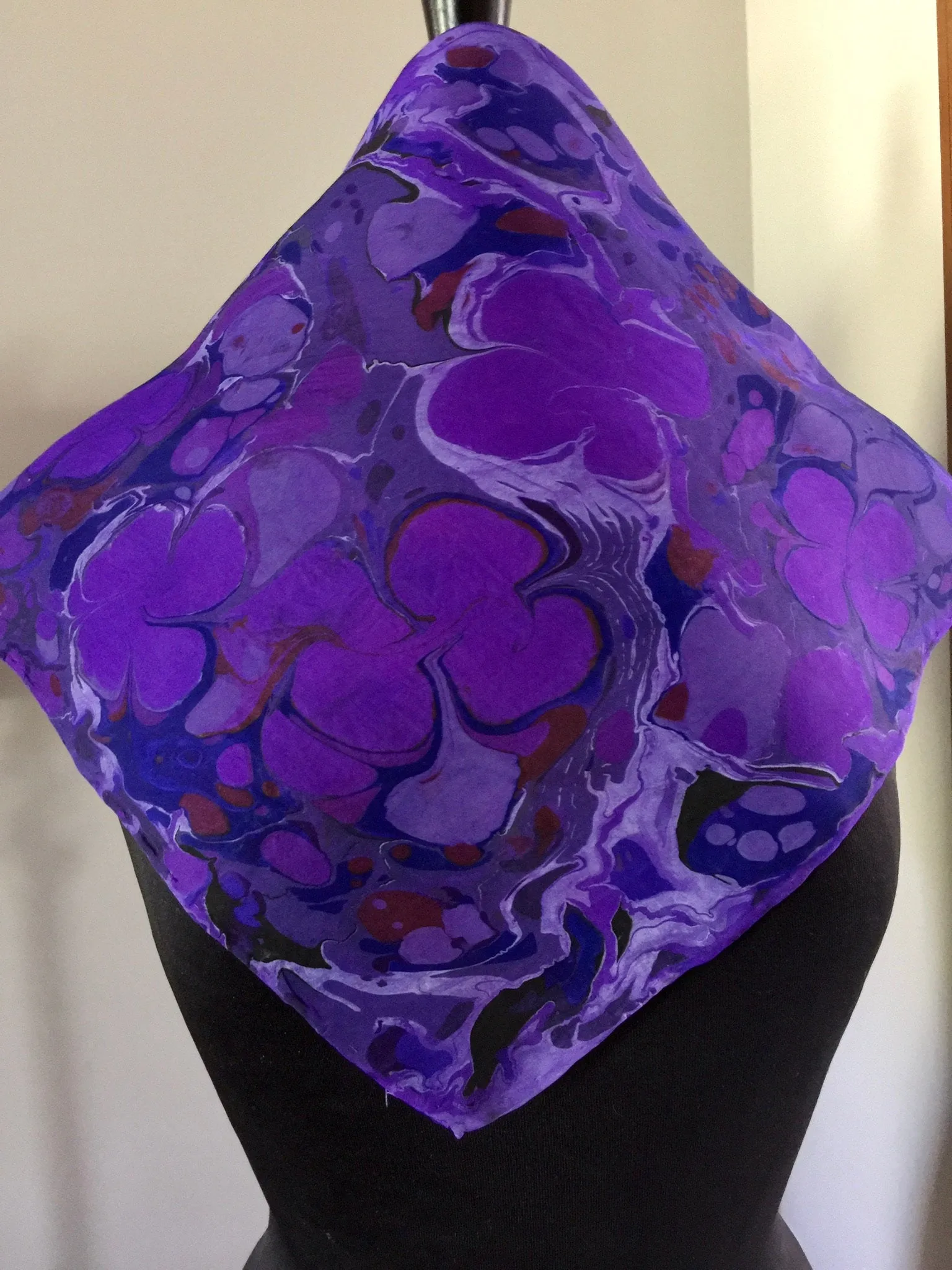 Purple floral 21x21 Square Habotai silk. Wear this unique piece in your hair, as a neckerchief, pocket square, or accessorize your dog.
