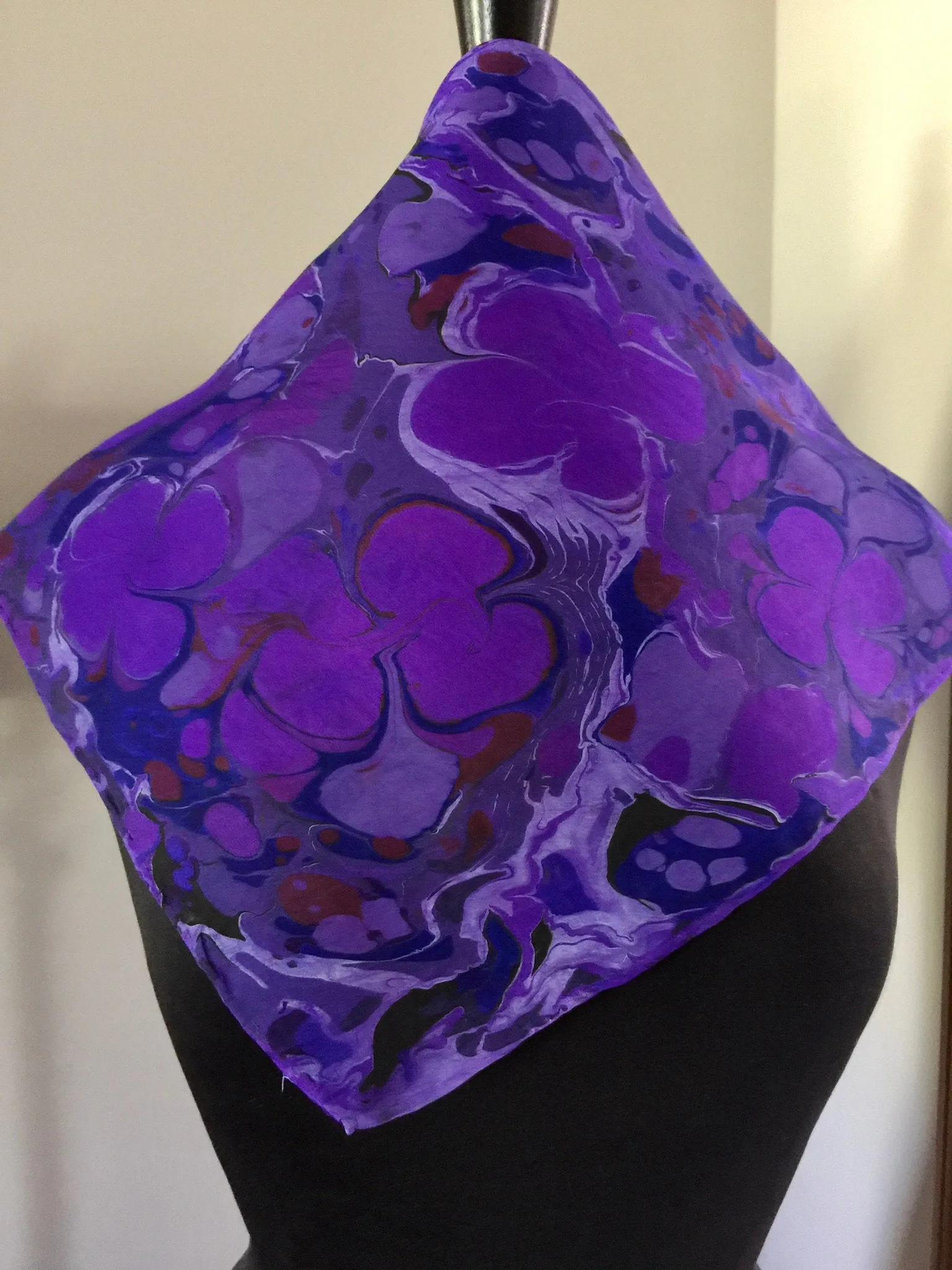Purple floral 21x21 Square Habotai silk. Wear this unique piece in your hair, as a neckerchief, pocket square, or accessorize your dog.